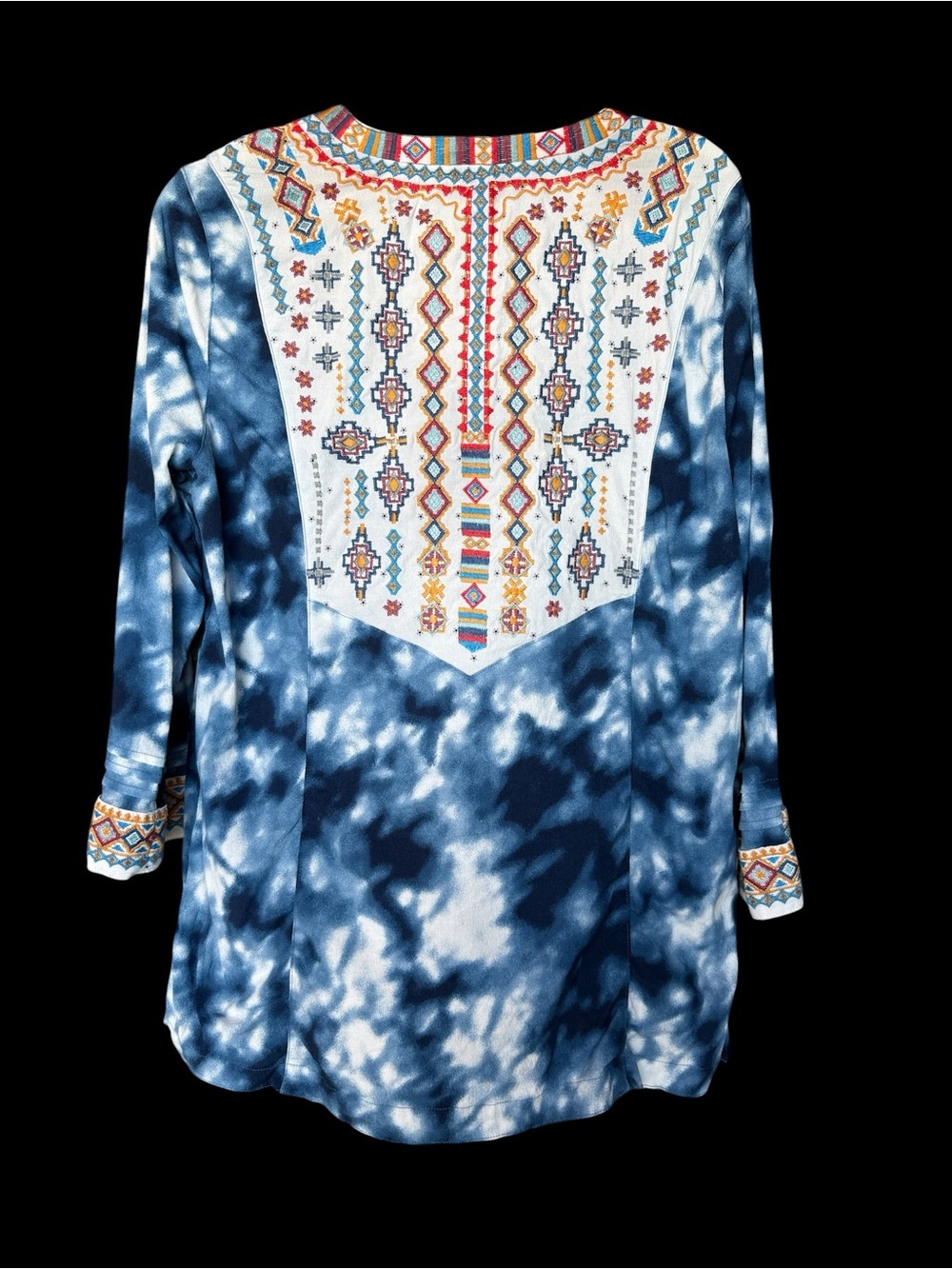 John Mark Blue Tie-Dye Long Sleeve V-Neck Tunic Top with Embroidered Yoke Size L - Picture 3 of 9